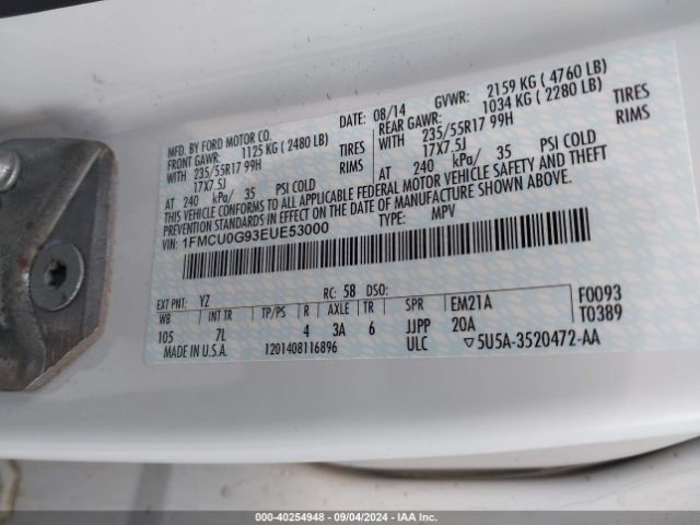 1FMCU0G93EUE53000 Ford ESCAPE SE