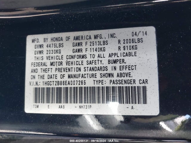 Honda Accord Ex-l V-6 2014 1HGCT2B86EA007265 Image 9