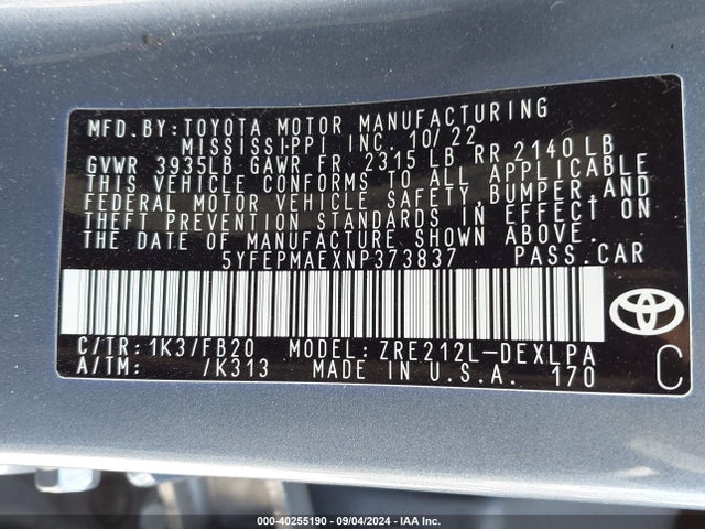 Toyota COROLLA LE 2022 5YFEPMAEXNP373837 Image 9