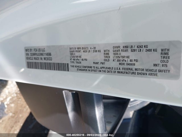 Aukcja sprzedaży 2022 Ram Promaster 3500 Cargo Van High Roof 159 Wb Ext, vin: 3C6MRVJG9NE114696, numer aukcji: 40255316