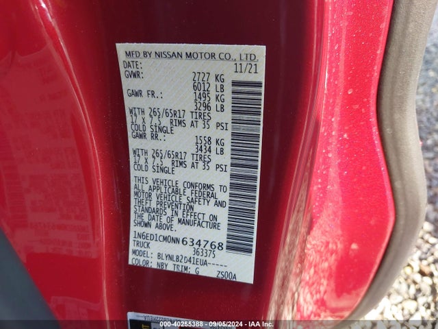 Nissan Frontier King Cab Sv 4x4 2022 1N6ED1CM0NN634768 Image 9