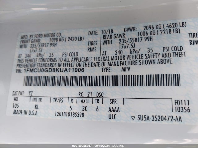 Ford ESCAPE SE 2019 1FMCU0GD8KUA11006 Image 9