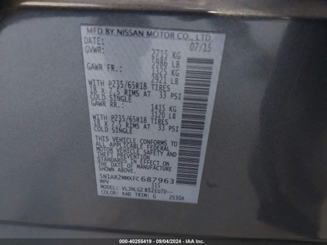 5N1AR2MMXFC687963 Nissan Pathfinder Sl