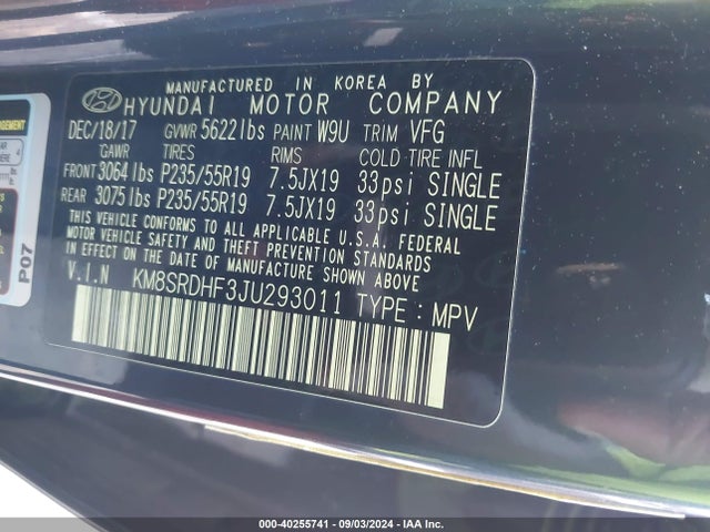 Hyundai Santa Fe Limited Ultimate 2018 KM8SRDHF3JU293011 Image 9