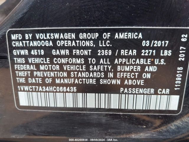 1VWCT7A34HC066435 Volkswagen Passat 1.8t Sel Premium