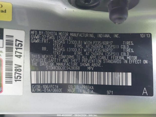 5TDKK3DC6ES428068 Toyota Sienna Le V6 8 Passenger