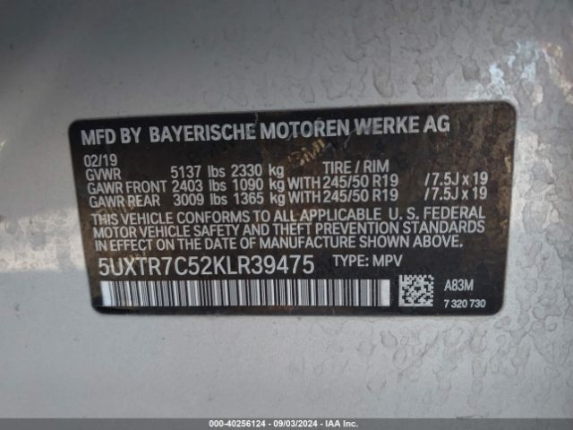 5UXTR7C52KLR39475 BMW X3 Sdrive30i