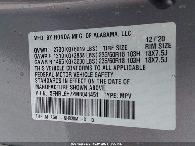 2021 HONDA ODYSSEY 5FNRL6H72MB041451 Photo 8