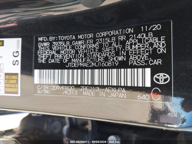 Toyota COROLLA LE 2021 JTDEPMAE2MJ160819 Image 9