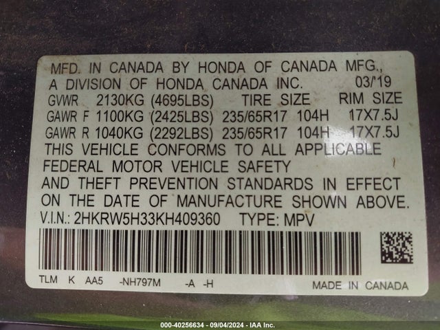 Honda CR-V LX 2019 2HKRW5H33KH409360 Image 9