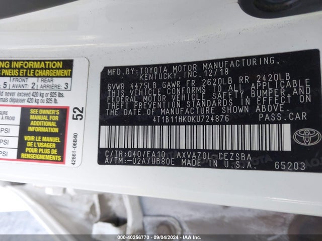 Toyota CAMRY SE 2019 4T1B11HK0KU724876 Image 9