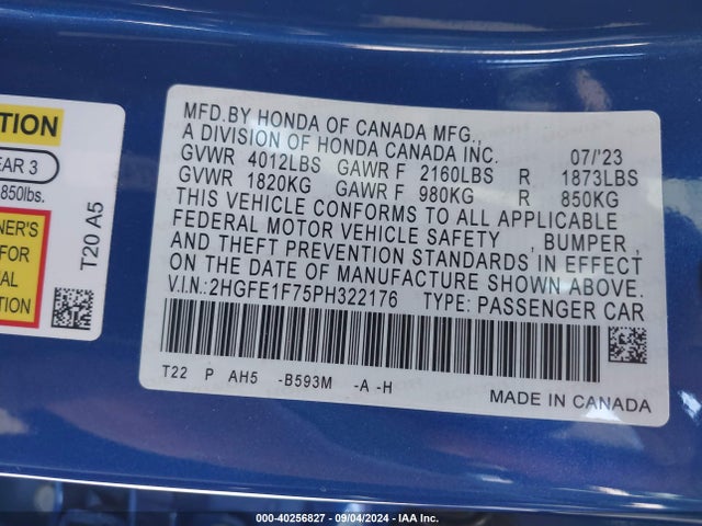 Honda Civic Ex /ex W/o Bsi 2023 2HGFE1F75PH322176 Image 9
