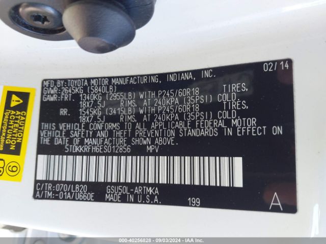 5TDKKRFH6ES012856 Toyota Highlander Xle V6