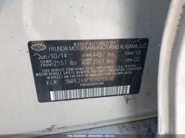 Hyundai SONATA SE 2015 5NPE24AF5FH016698 Image 9