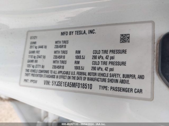 5YJ3E1EA5MF018510 Tesla Model 3 Standard Range Plus Rear-wheel Drive
