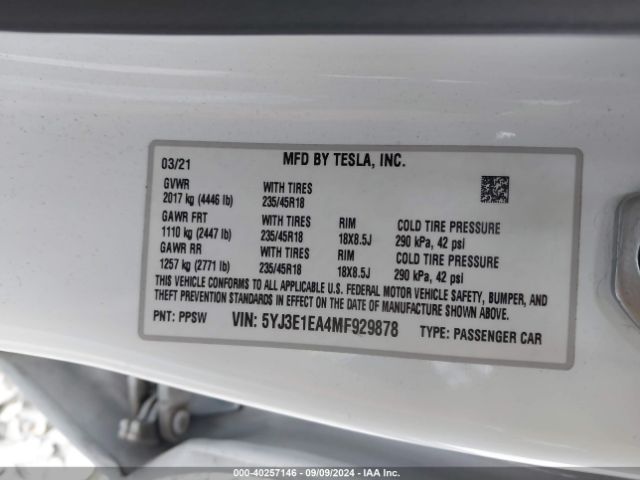 5YJ3E1EA4MF929878 Tesla Model 3 Standard Range Plus Rear-wheel Drive