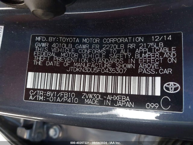 Toyota Prius Two 2015 JTDKN3DU5F0435307 Image 9