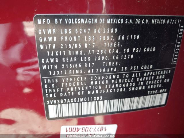 3VV3B7AX5JM011393 Volkswagen Tiguan 2.0t Se/2.0t Sel