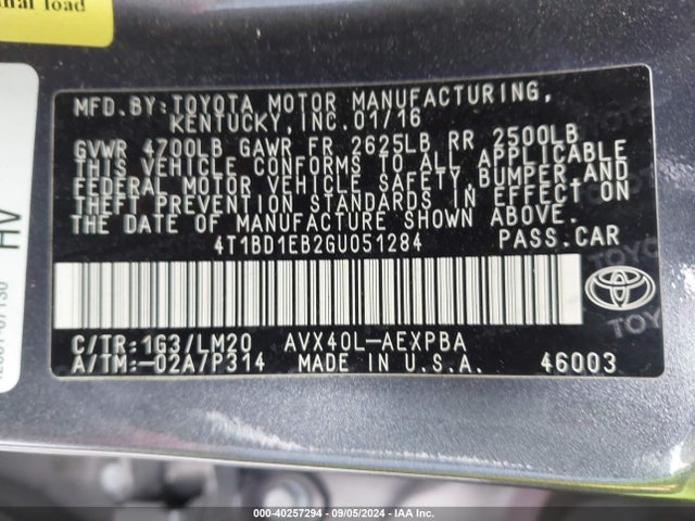 Toyota Avalon Hybrid Limited 2016 4T1BD1EB2GU051284 Image 9