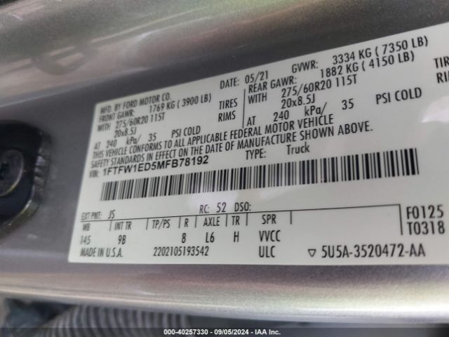 1FTFW1ED5MFB78192 Ford F-150 Platinum
