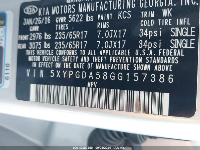 5XYPGDA58GG157386 KIA Sorento 3.3l Lx