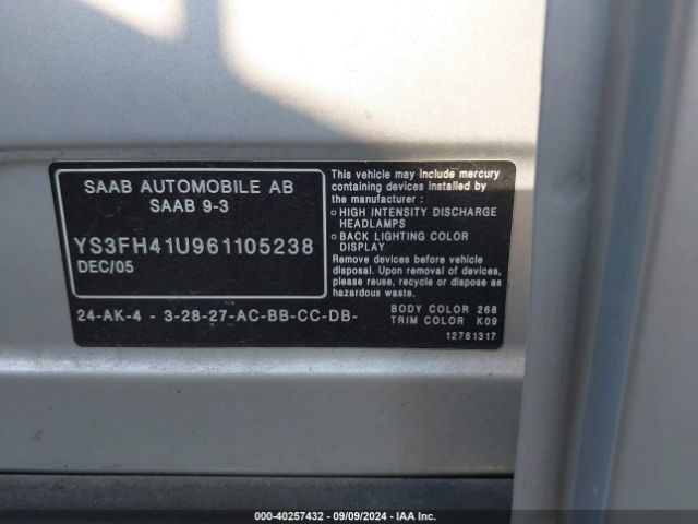 2006 SAAB 9-3 YS3FH41U961105238 Photo 8
