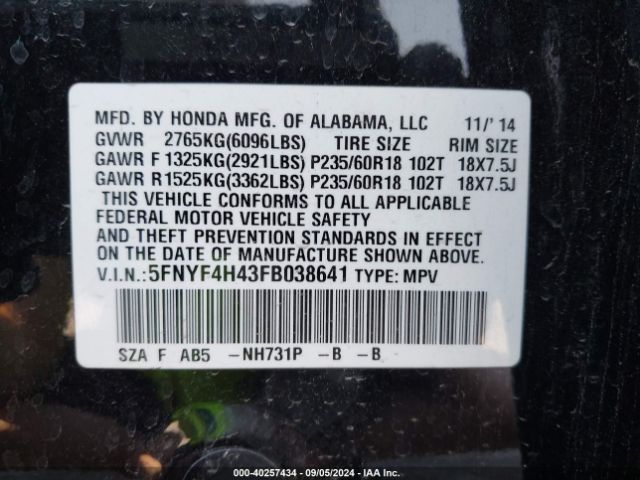 5FNYF4H43FB038641 Honda Pilot Ex