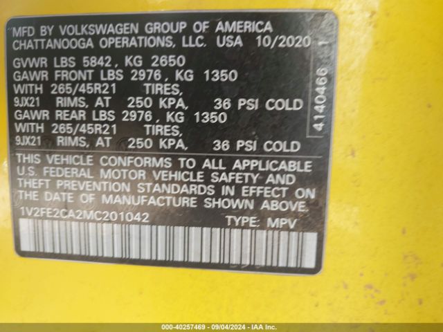 1V2FE2CA2MC201042 Volkswagen Atlas Cross Sport 3.6l V6 Sel Premium R-line