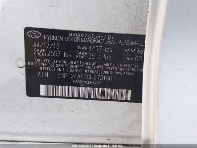 5NPE24AF0GH273186 Hyundai SONATA SE