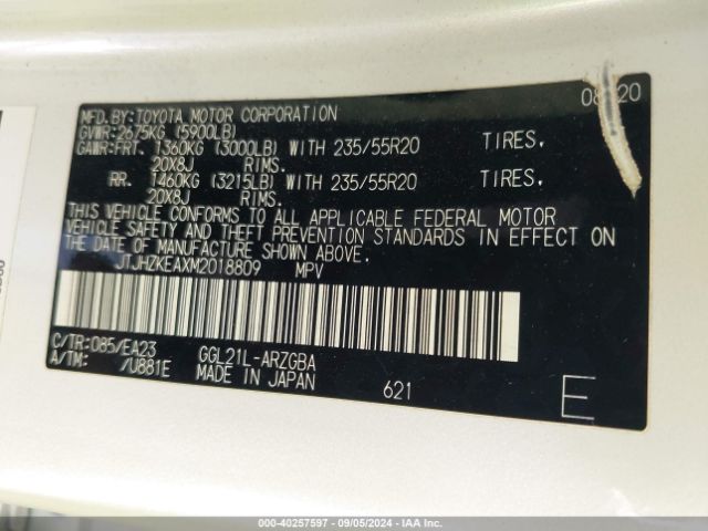 JTJHZKEAXM2018809 Lexus Rx 350l