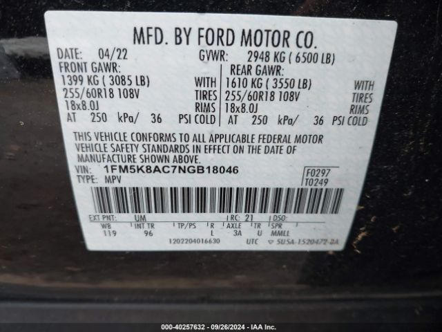 1FM5K8AC7NGB18046 Ford Police Interceptor Utility