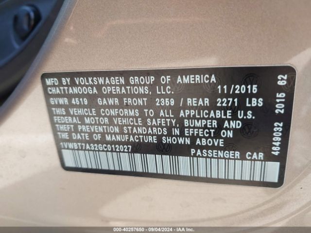 1VWBT7A32GC012027 Volkswagen Passat 1.8t Se