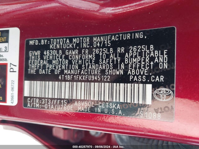 Toyota CAMRY SE 2015 4T1BF1FKXFU945122 Image 9