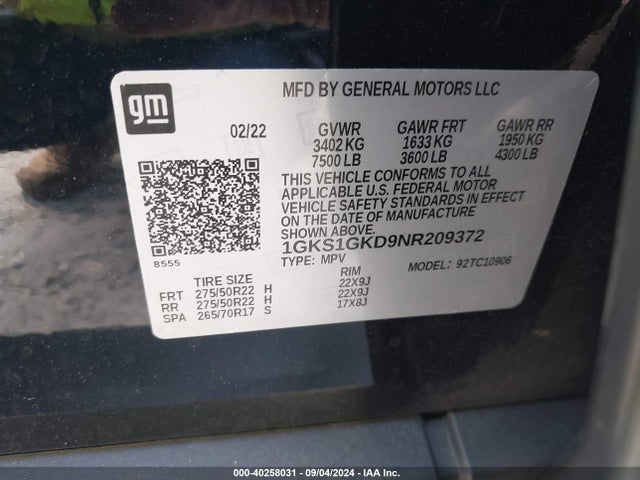 1GKS1GKD9NR209372 GMC Yukon Xl 2wd Slt