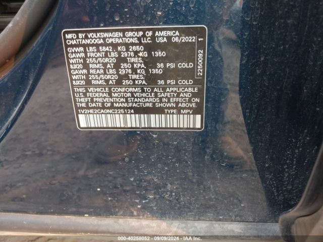 1V2HE2CA0NC225124 Volkswagen Atlas Cross Sport 3.6l V6 Se W/technology
