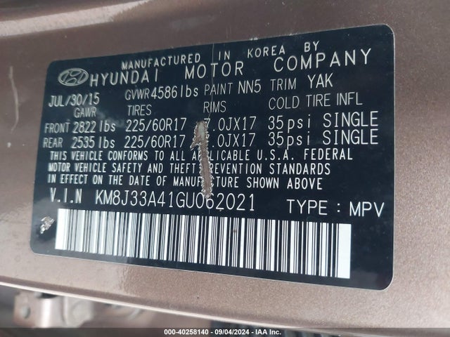 Hyundai TUCSON SE 2016 KM8J33A41GU062021 Image 9