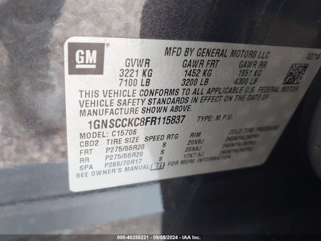 Chevrolet Tahoe Ltz 2015 1GNSCCKC8FR115837 Image 9