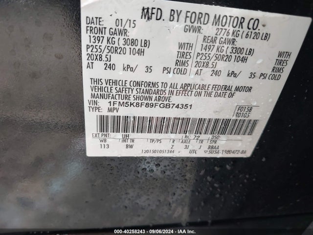 Ford Explorer Limited 2015 1FM5K8F89FGB74351 Image 9