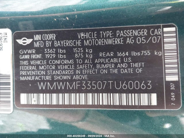 2007 MINI COOPER WMWMF33507TU60063 Photo 8