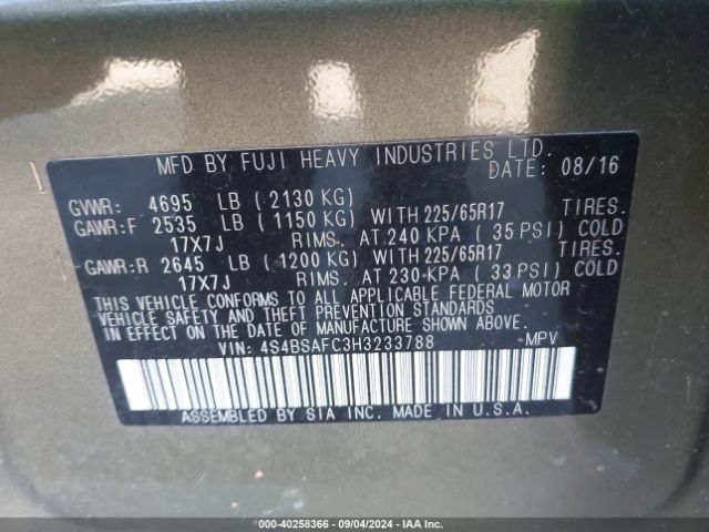 4S4BSAFC3H3233788 Subaru Outback 2.5i Premium