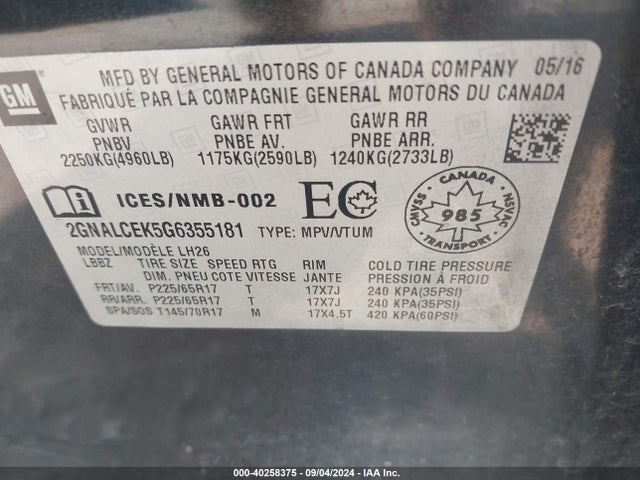 Chevrolet EQUINOX LT 2016 2GNALCEK5G6355181 Image 9