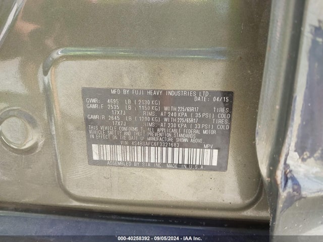 Subaru Outback 2.5i Premium 2015 4S4BSAFC6F3321683 Image 9