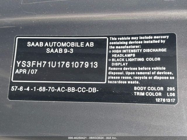 2007 SAAB 9-3 YS3FH71U176107913 Photo 8