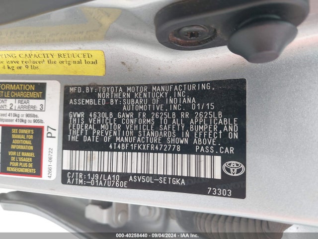 Toyota CAMRY XLE 2015 4T4BF1FKXFR472778 Image 9