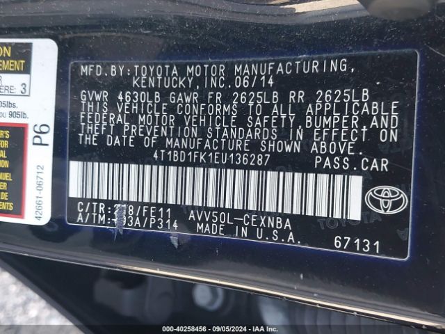 4T1BD1FK1EU136287 Toyota Camry Hybrid Le
