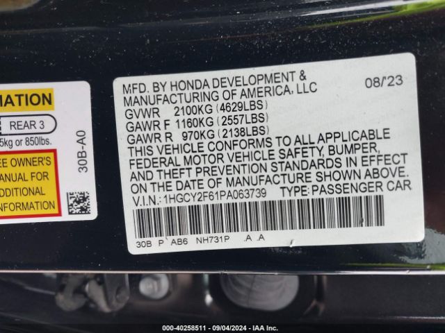 1HGCY2F61PA063739 Honda Accord Hybrid Ex-l