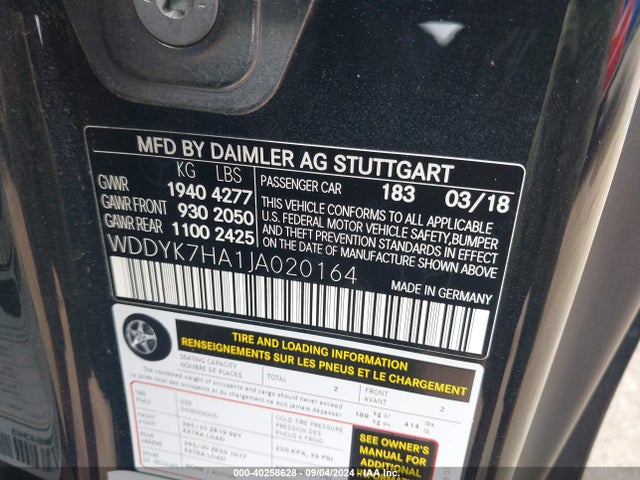 Auction sale of the 2018 Mercedes-benz Amg Gt, vin: WDDYK7HA1JA020164, lot number: 40258628