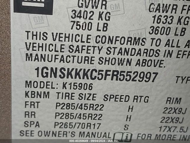 1GNSKKKC5FR552997 Chevrolet Suburban 1500 Ltz