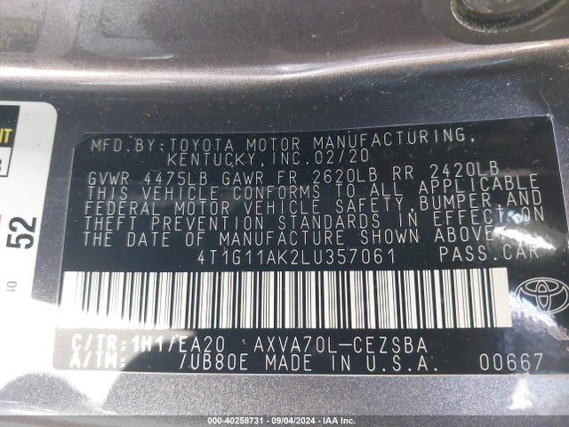 Toyota CAMRY SE 2020 4T1G11AK2LU357061 Image 9