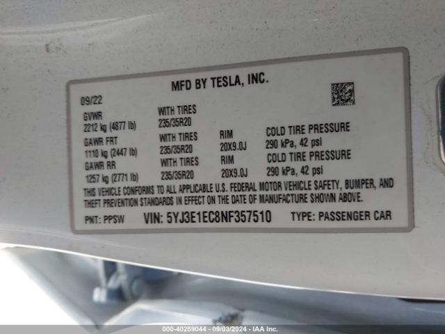 5YJ3E1EC8NF357510 Tesla Model 3 Performance Dual Motor All-wheel Drive